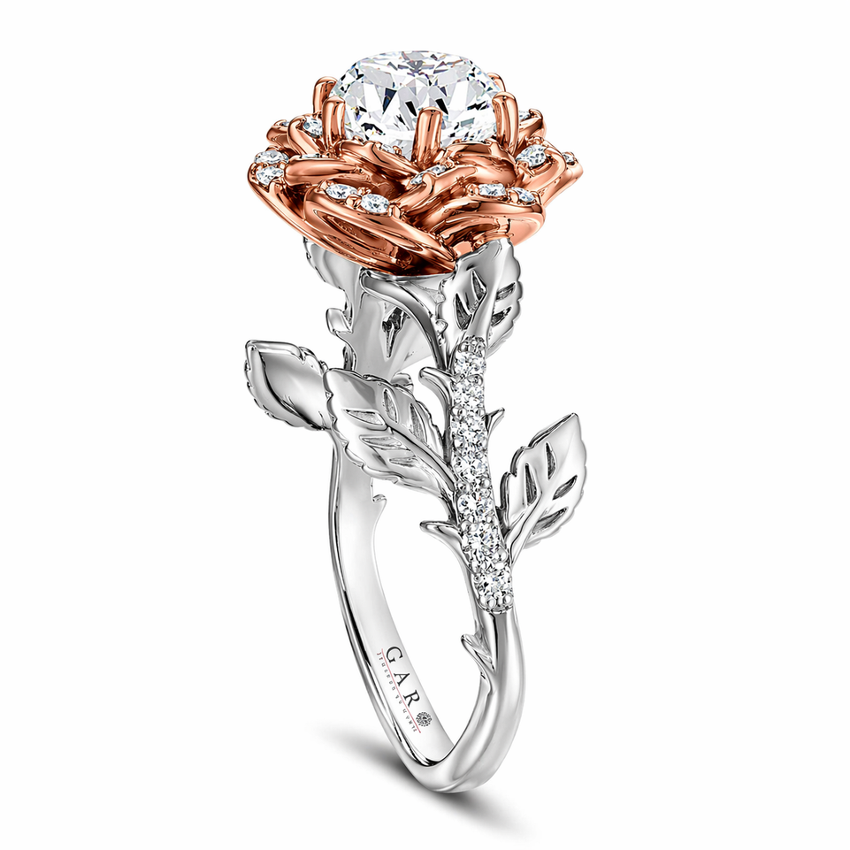 Platinum & 14K Rose Gold 1.36 Carat Lab Grown Diamond Floral Halo Engagement Ring Rose Flower Anniversary Ring  IGI Certified Unique Handmade
