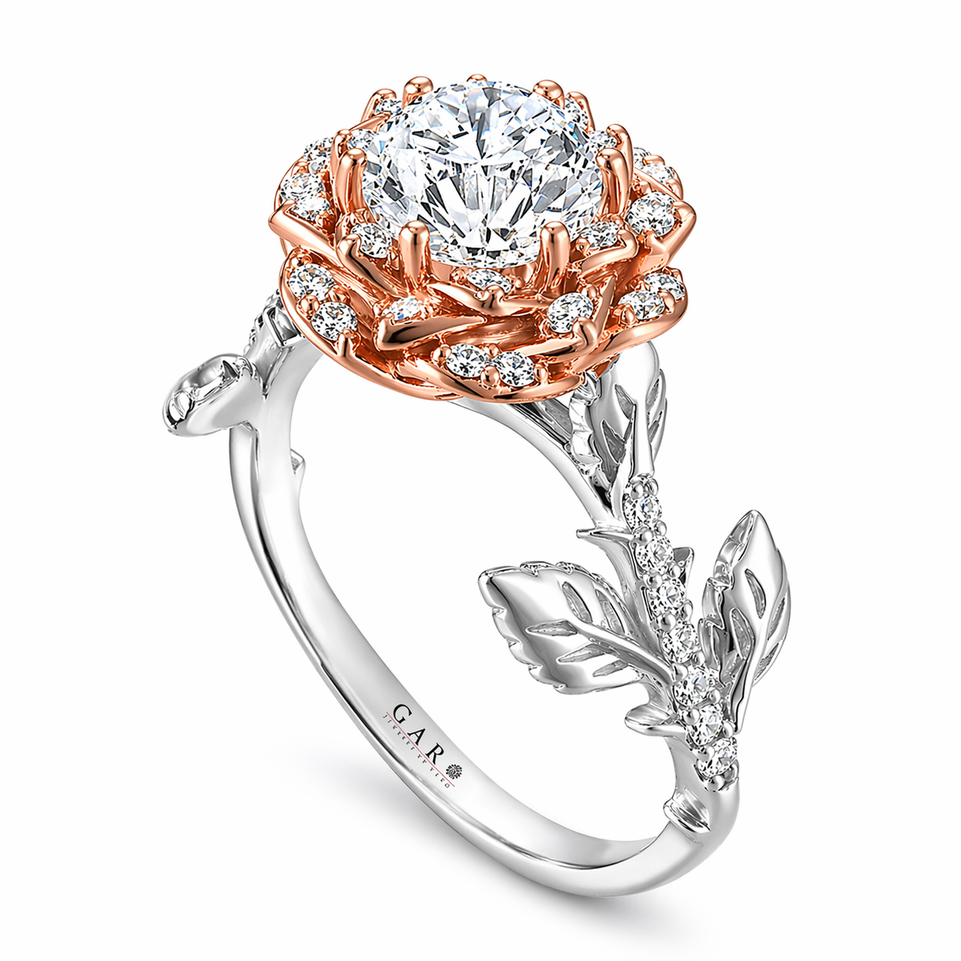 Platinum & Rose Gold Lab Grown Diamond Floral Halo Engagement Ring – Rose Flower Design, Unique Handmade Anniversary Ring, 1.36 Carat IGI Certified