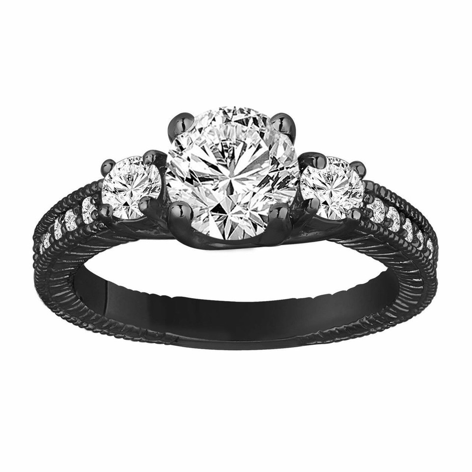 Lab Grown Diamond Three Stone Engagement Ring 1.39 Carat 14K Black Gold Vintage Style IGI Certified Handmade