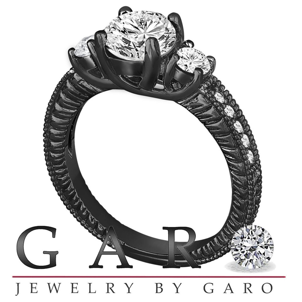 Lab Grown Diamond Three Stone Engagement Ring 1.39 Carat 14K Black Gold Vintage Style IGI Certified Handmade