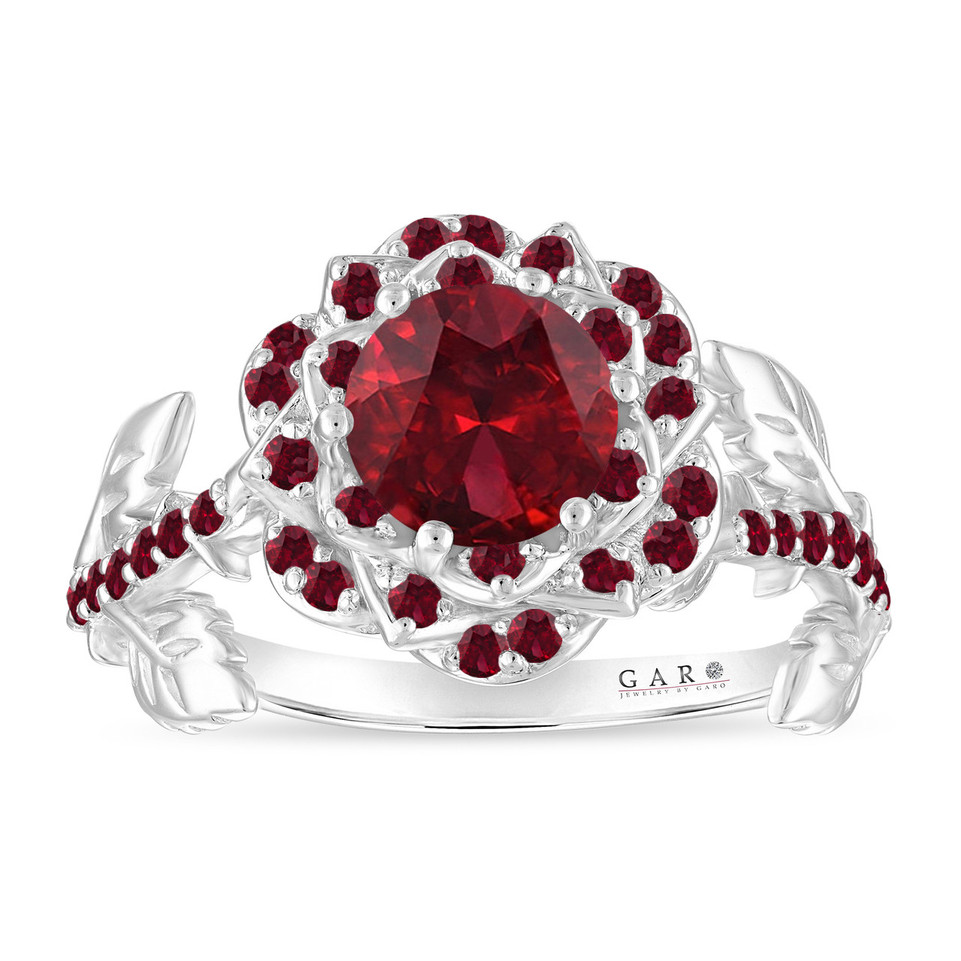 1.55 Carat Garnet Rose Flower Halo Engagement Ring Unique Floral 14K White Gold Handmade Certified
