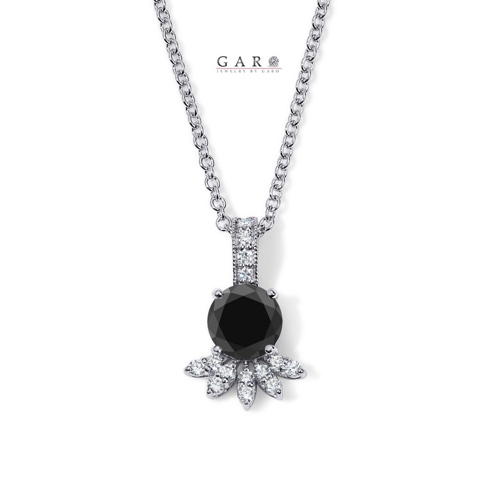 Platinum Black Diamond Floral Pendant Necklace, Unique Petal Design, 1.40 Carat Certified Handmade