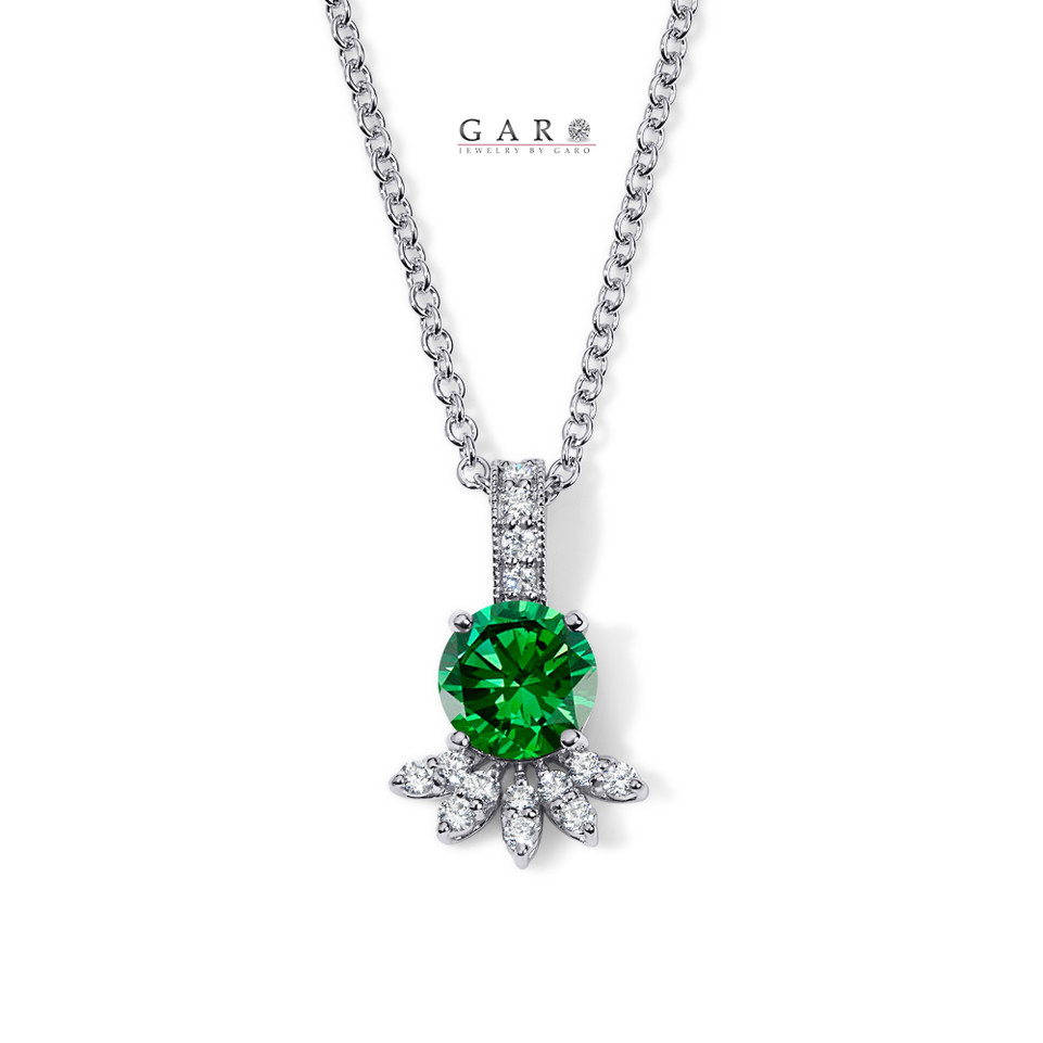 Green Diamond Floral Pendant Necklace, Unique Anniversary Gift, 1.21 Carat 14K White Gold Certified Handmade
