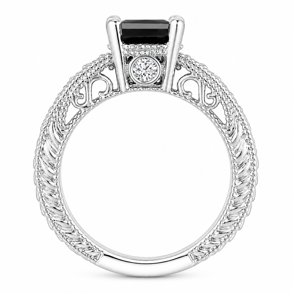 Unique Princess Cut Black Diamond Filigree Engagement Ring 1.65 Carat Platinum Handmade Certified