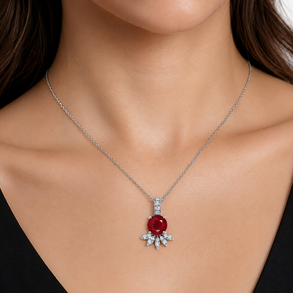 Nature Inspired Ruby Blossom Floral Pendant Necklace Diamond Petal Design 1.20 Carat 14K White Gold, Yellow Good Handmade 