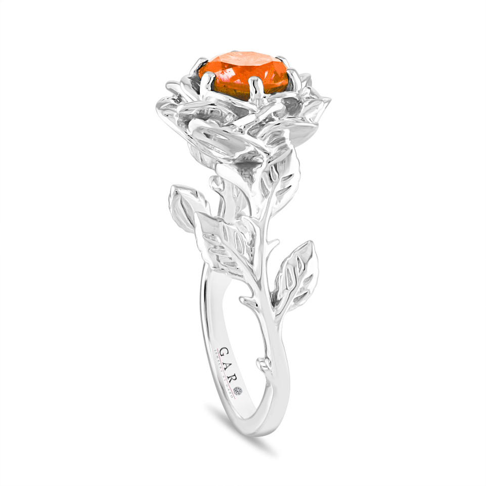 Orange Sapphire Floral Engagement Ring, Rose Flower Anniversary Ring, Unique 0.60 Carat 14K White Gold Handmade Certified Orange Sapphire Floral Engagement Ring, Rose Flower Anniversary Ring, Unique 0.60 Carat 14K White Gold Handmade Certified