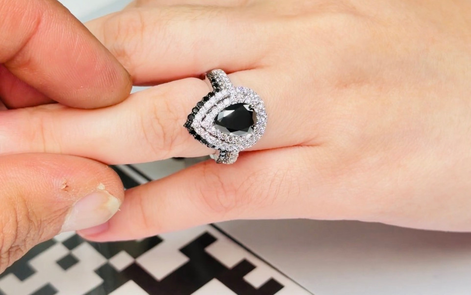 V Shaped Black Diamond Matching Wedding Band 14K White Gold 0.35 Carat Handmade Unique