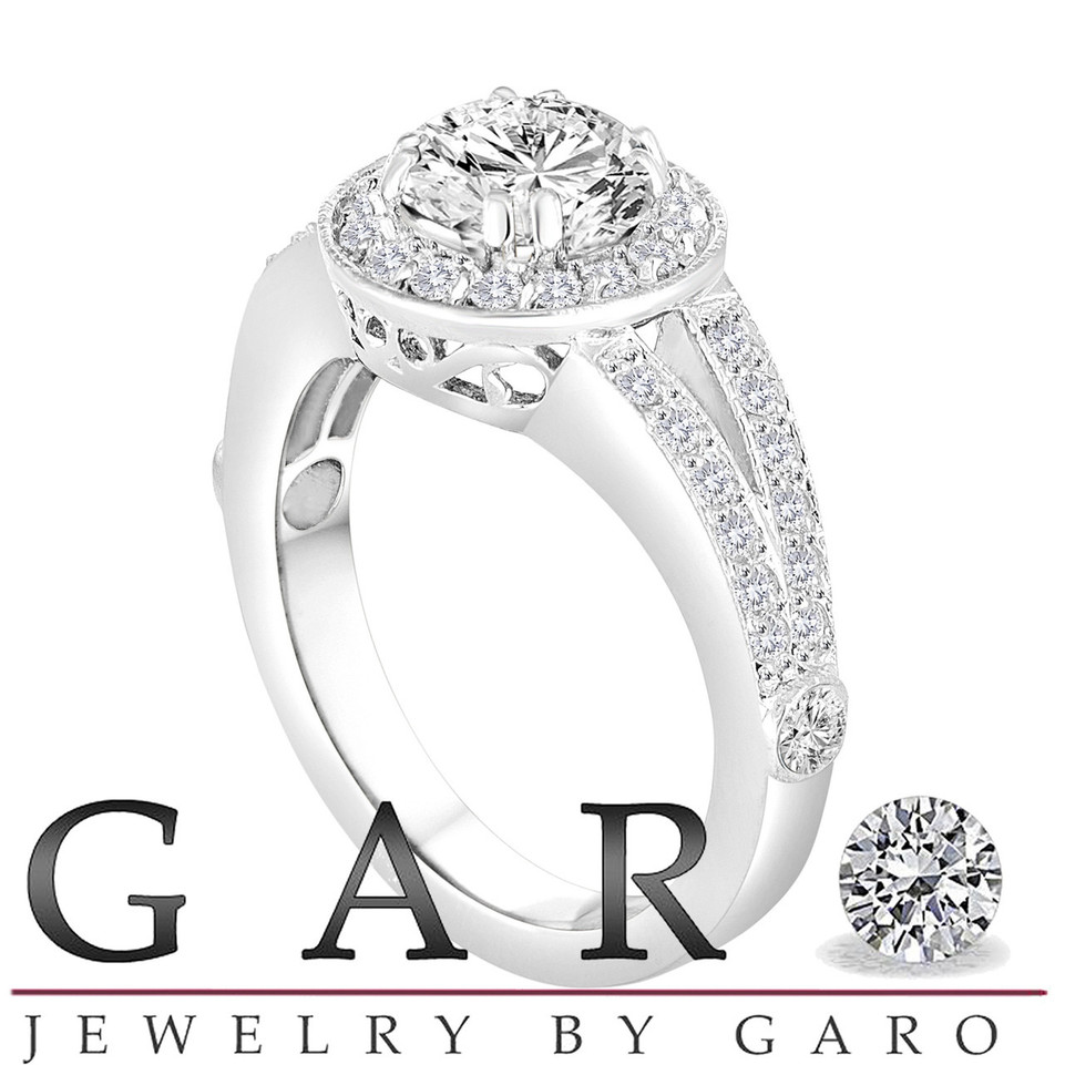 1.57 Carat Lab Grown Diamond Halo Engagement Ring IGI Certified 14K White Gold Unique Handmade