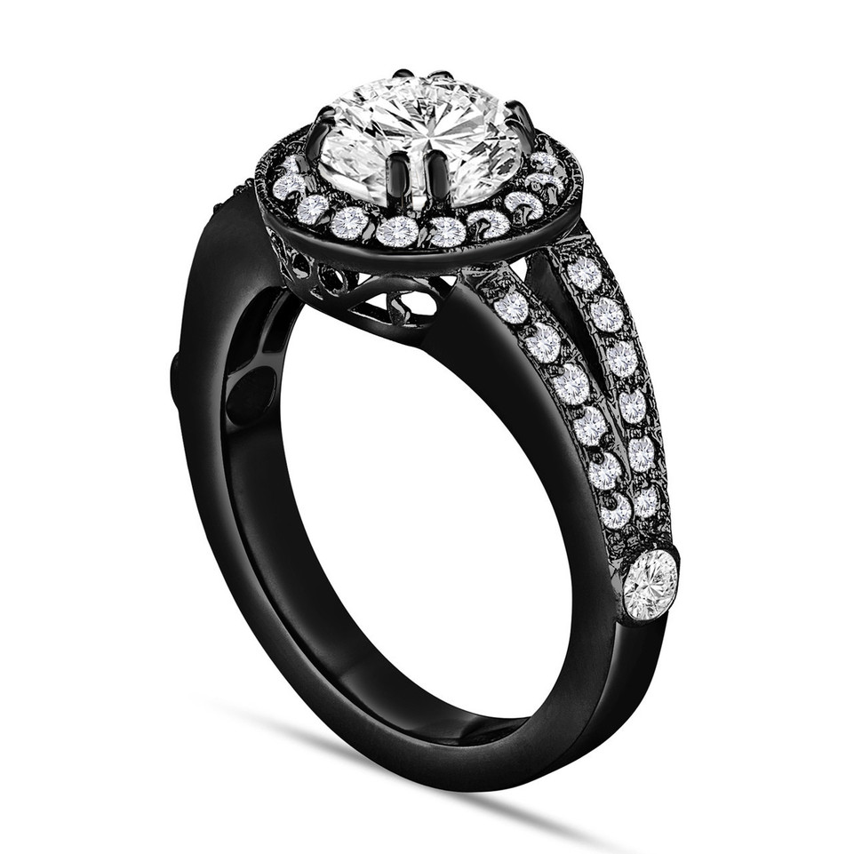Lab Grown Diamond Halo Engagement Ring 1.57 Carat 14K Black Gold Vintage Style IGI Certified Unique Handmade