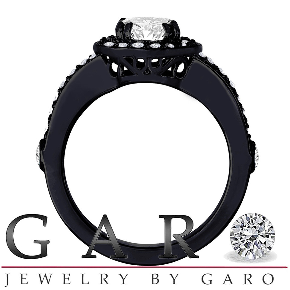 Lab Grown Diamond Halo Engagement Ring 1.57 Carat 14K Black Gold Vintage Style IGI Certified Unique Handmade