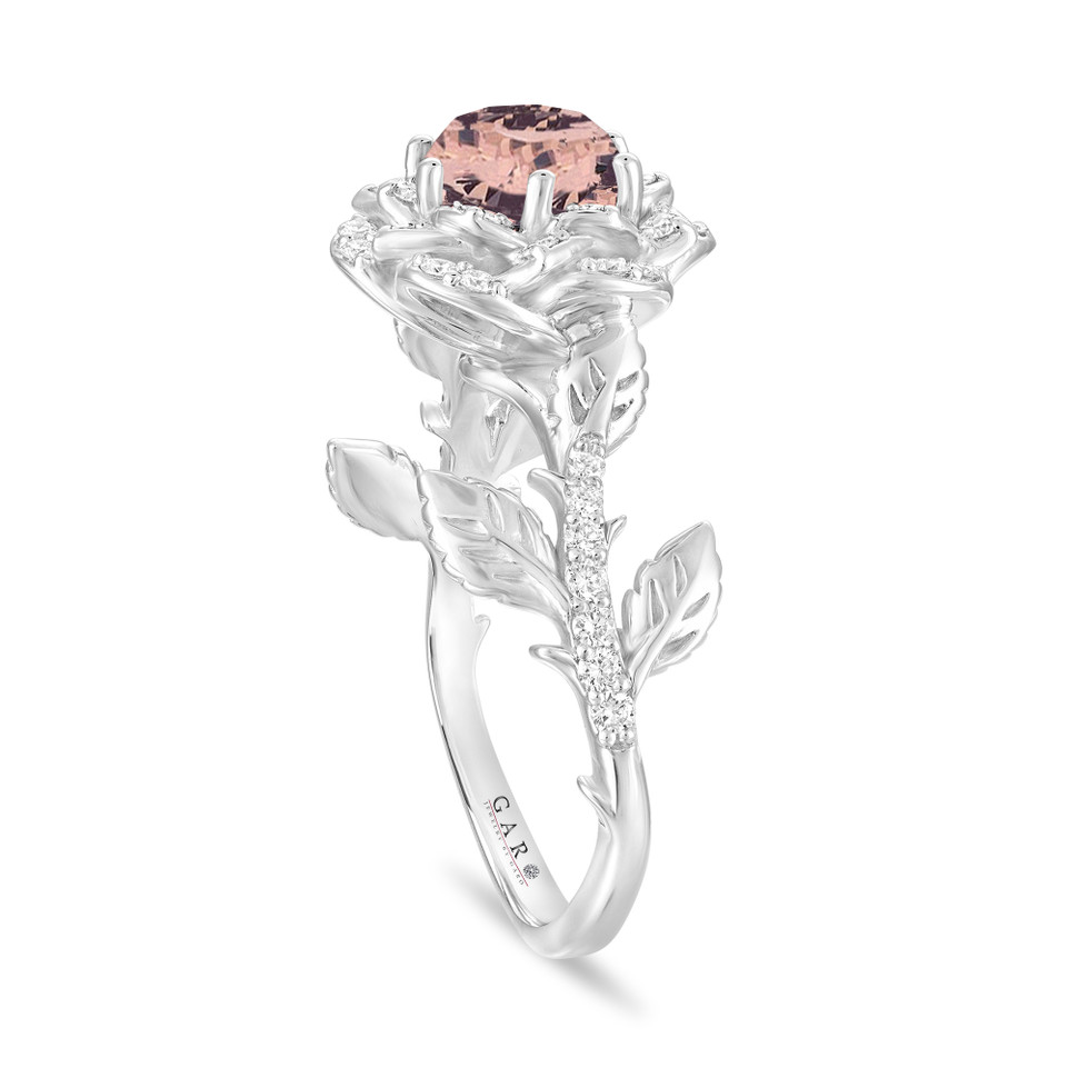 1.20 Carat Morganite Rose Flower Halo Engagement Ring, Unique Floral 14K White Gold Or Rose Gold Handmade Certified