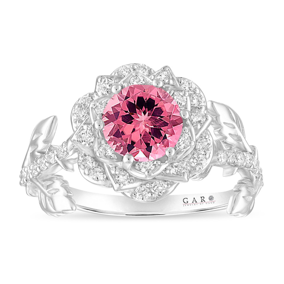 1.25 Carat Pink Tourmaline Rose Flower Halo Engagement Ring, Unique Floral 14K White Gold Handmade Certified