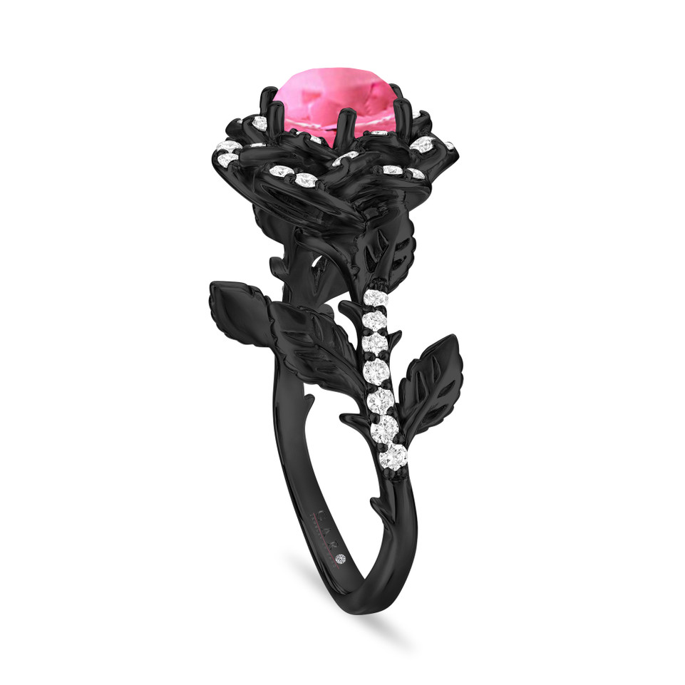 1.25 Carat Pink Tourmaline Floral Halo Engagement Ring, Unique Rose Flower 14K Black Gold Vintage Style Handmade Certified
