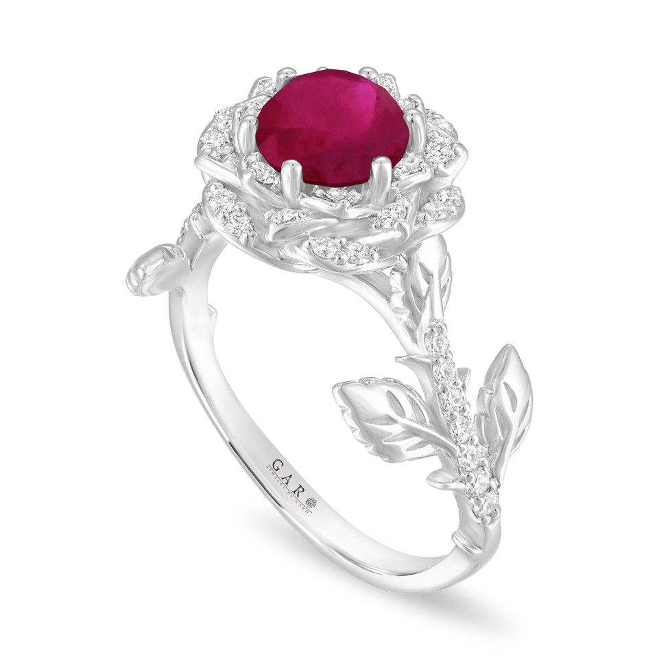 1.36 Carat Ruby Rose Flower Halo Engagement Ring, Unique Floral 14K White Gold, Rose Gold Or Yellow Gold Handmade Certified
