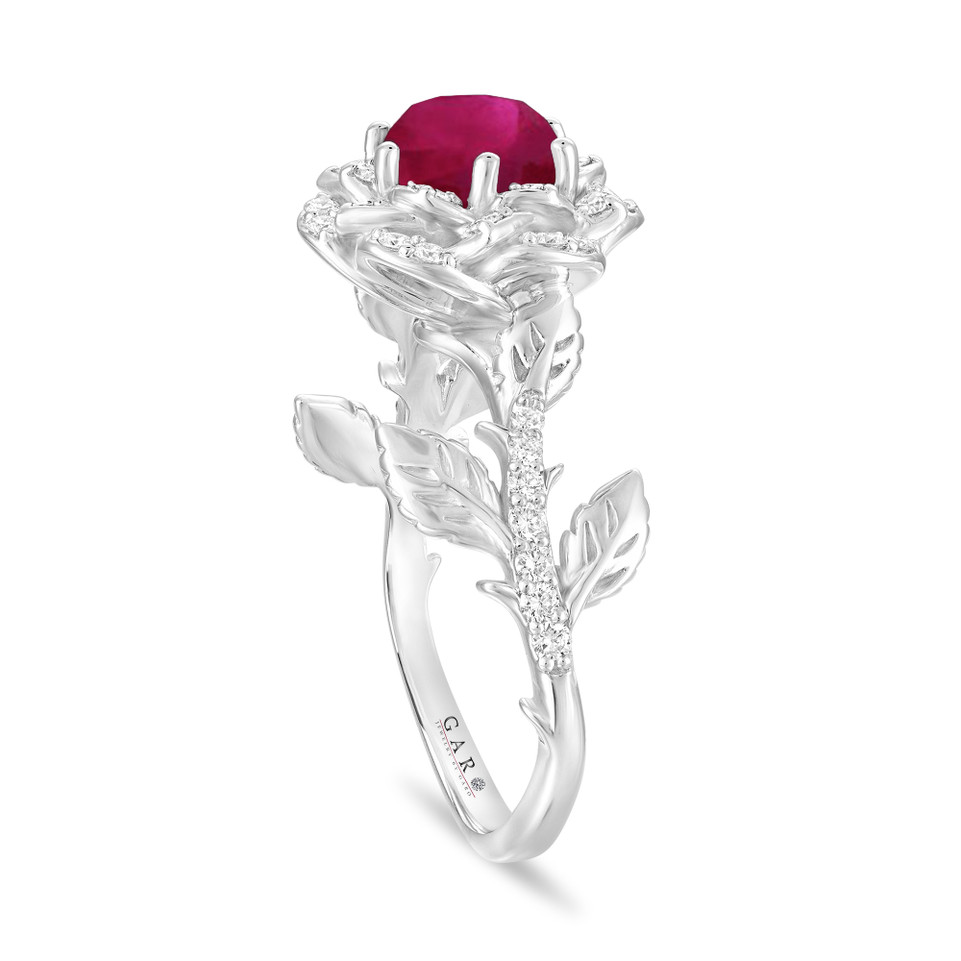 1.36 Carat Ruby Rose Flower Halo Engagement Ring, Unique Floral 14K White Gold, Rose Gold Or Yellow Gold Handmade Certified