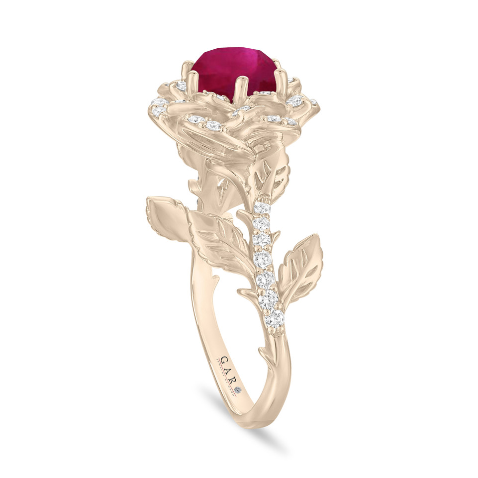 1.36 Carat Ruby Rose Flower Halo Engagement Ring, Unique Floral 14K White Gold, Rose Gold Or Yellow Gold Handmade Certified