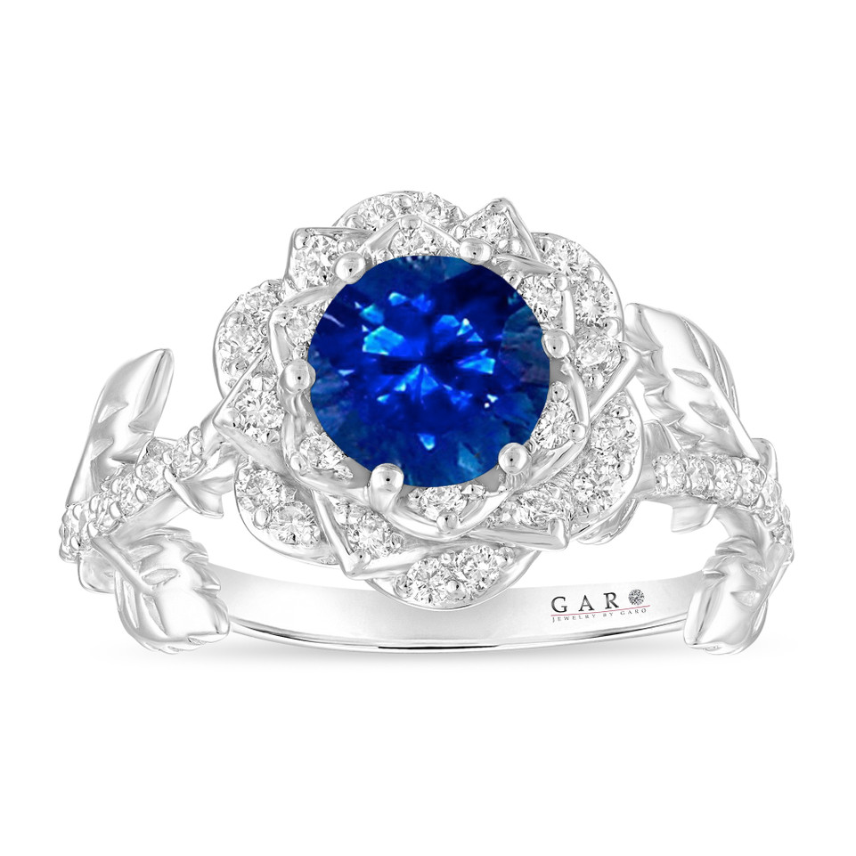 Sapphire Floral Halo Engagement Ring, Unique Rose Flower 1.36 Carat 14K White Gold Or Yellow Gold Handmade Certified