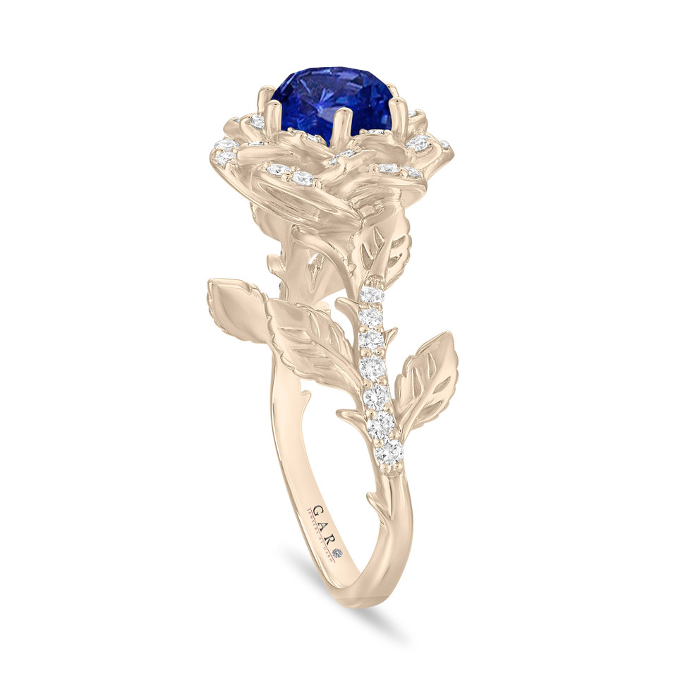 Sapphire Floral Halo Engagement Ring, Unique Rose Flower 1.36 Carat 14K White Gold Or Yellow Gold Handmade Certified