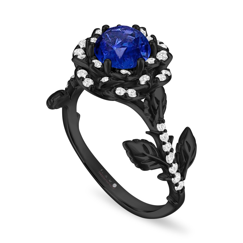 1.36 Carat Sapphire Rose Flower Halo Engagement Ring, Unique Floral 14K Black Gold Vintage Style Handmade Certified