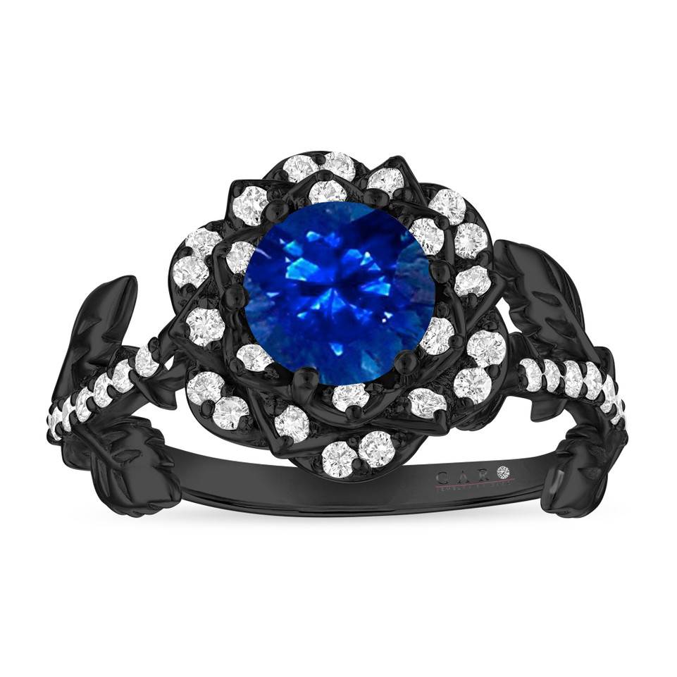 1.36 Carat Sapphire Rose Flower Halo Engagement Ring, Unique Floral 14K Black Gold Vintage Style Handmade Certified