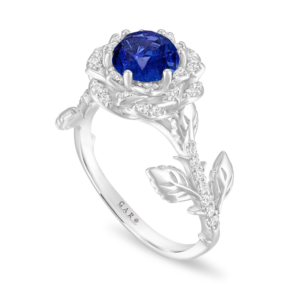 Platinum Sapphire Rose Flower Engagement Ring, Unique Halo 1.36 Carat Certified Handmade