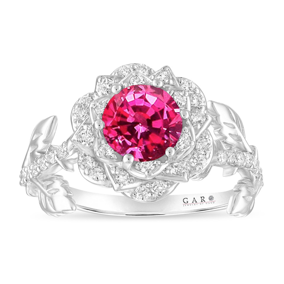 Pink Sapphire Rose Flower Halo Engagement Ring, Unique Floral 1.36 Carat 14K White Gold Handmade Certified