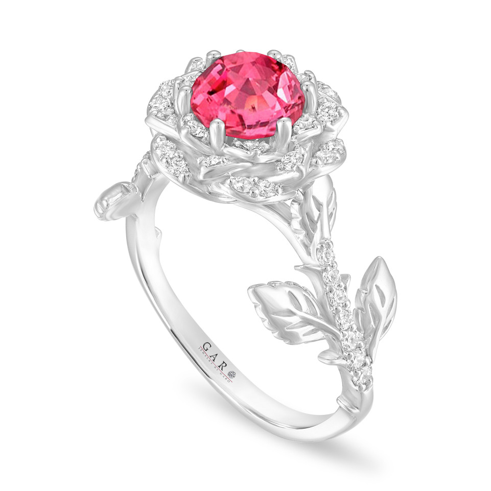 Pink Sapphire Rose Flower Halo Engagement Ring, Unique Floral 1.36 Carat 14K White Gold Handmade Certified