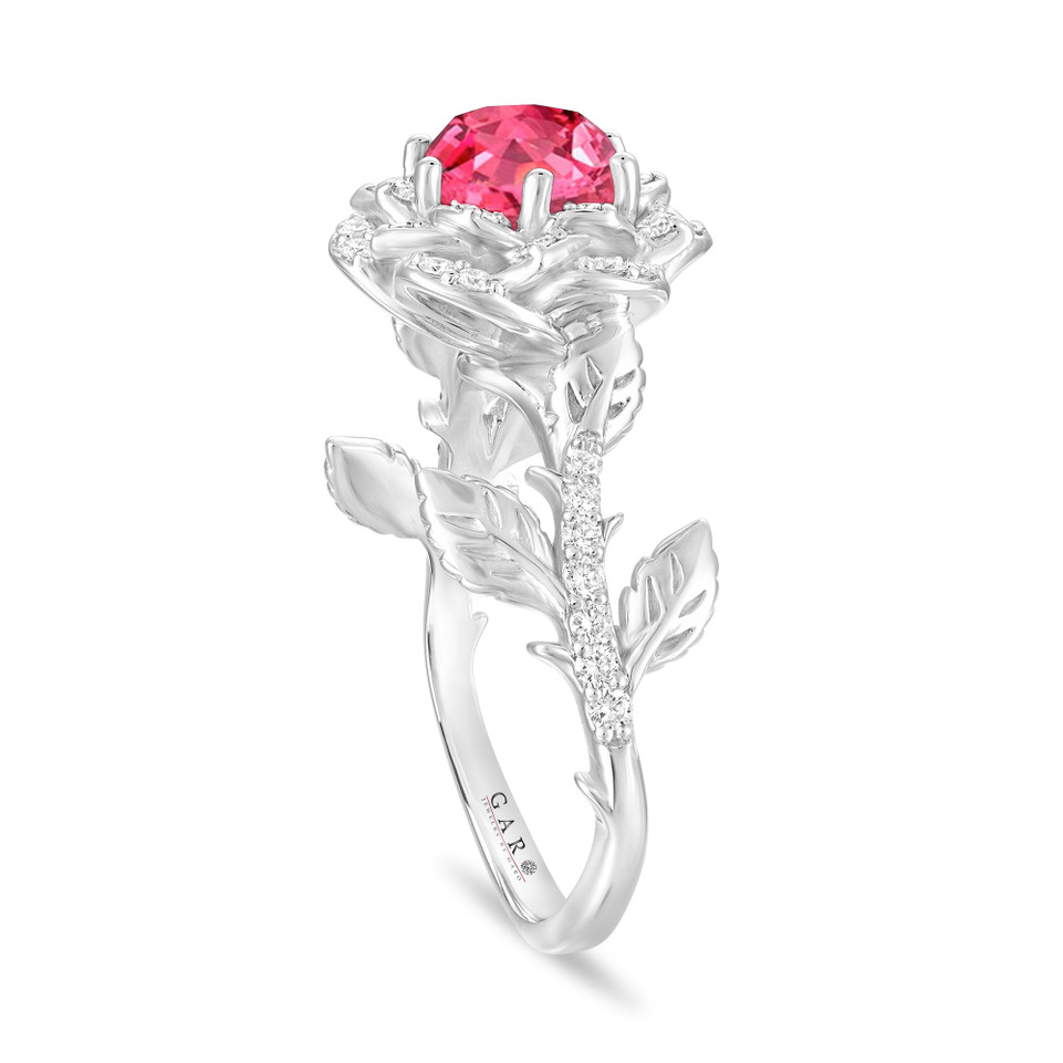 Pink Sapphire Rose Flower Halo Engagement Ring, Unique Floral 1.36 Carat 14K White Gold Handmade Certified