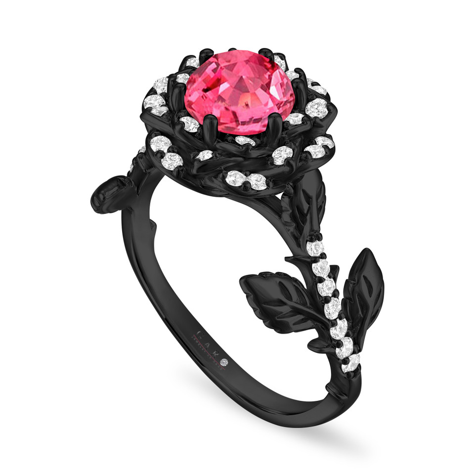 1.36 Carat Pink Sapphire Rose Flower Halo Engagement Ring, Unique Floral 14K Black Gold Vintage Style Certified Handmade 