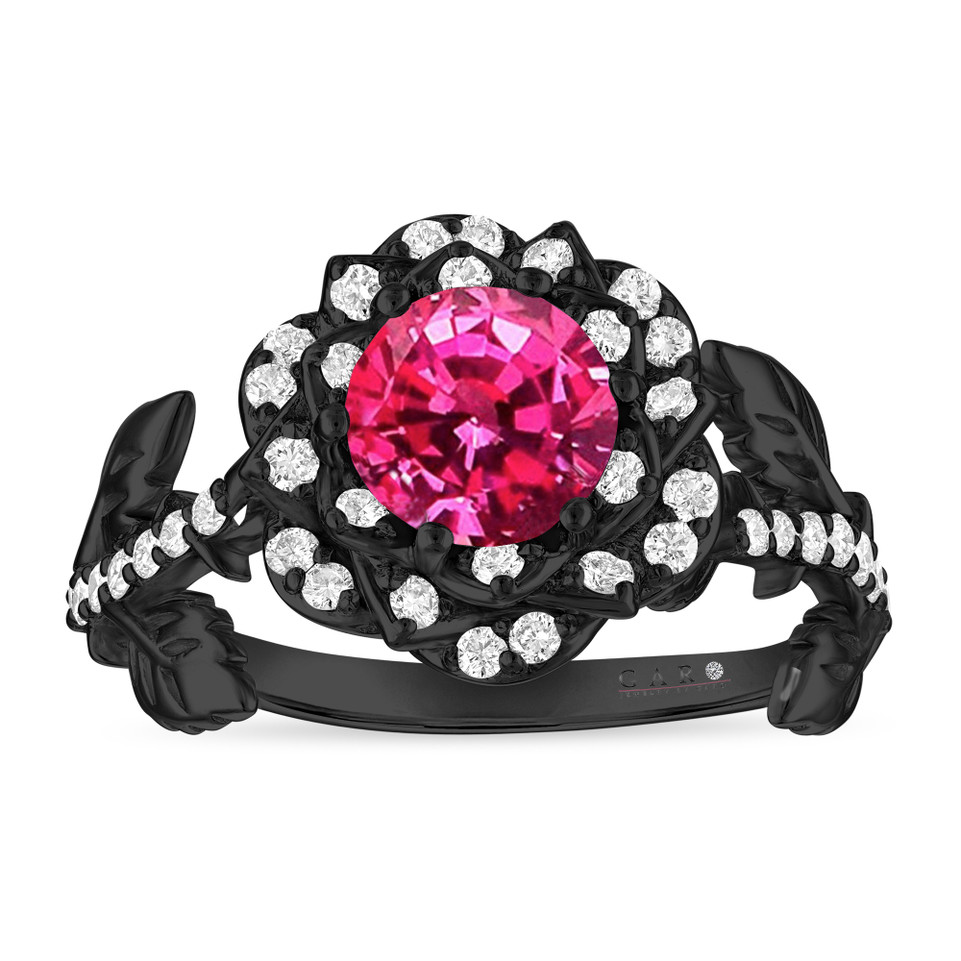 1.36 Carat Pink Sapphire Rose Flower Halo Engagement Ring, Unique Floral 14K Black Gold Vintage Style Certified Handmade 