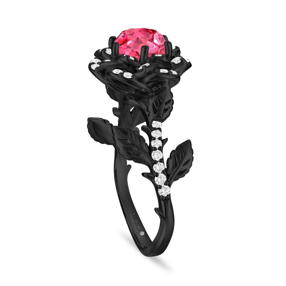 1.36 Carat Pink Sapphire Rose Flower Halo Engagement Ring, Unique Floral 14K Black Gold Vintage Style Certified Handmade 