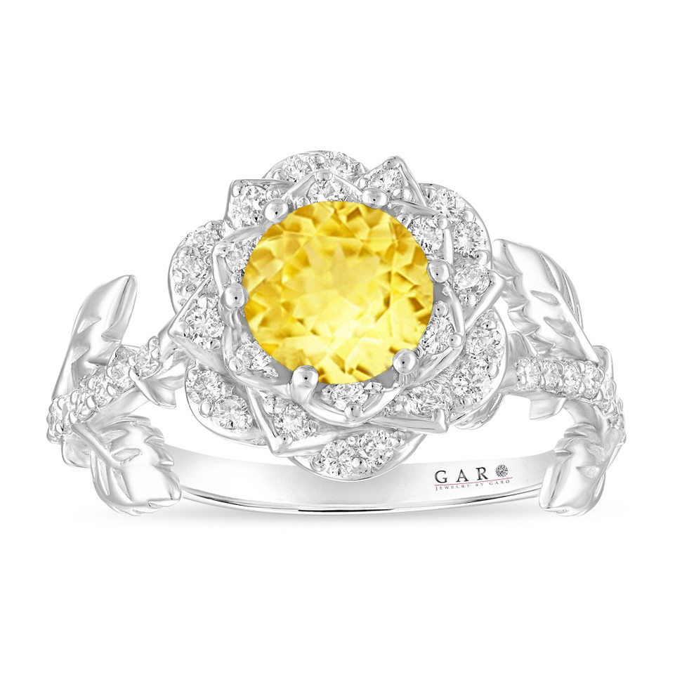 Yellow Sapphire Rose Flower Halo Engagement Ring, Unique Floral 1.36 Carat 14K White Gold Handmade Certified