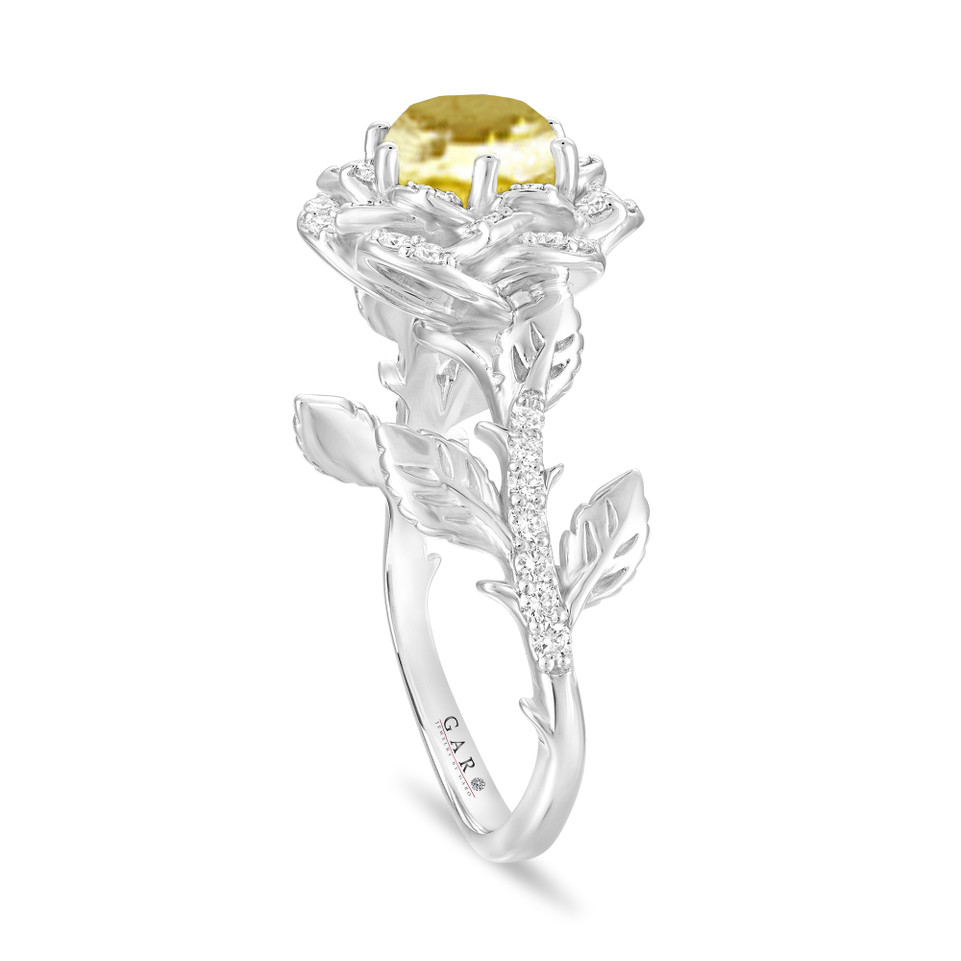 Yellow Sapphire Rose Flower Halo Engagement Ring, Unique Floral 1.36 Carat 14K White Gold Handmade Certified