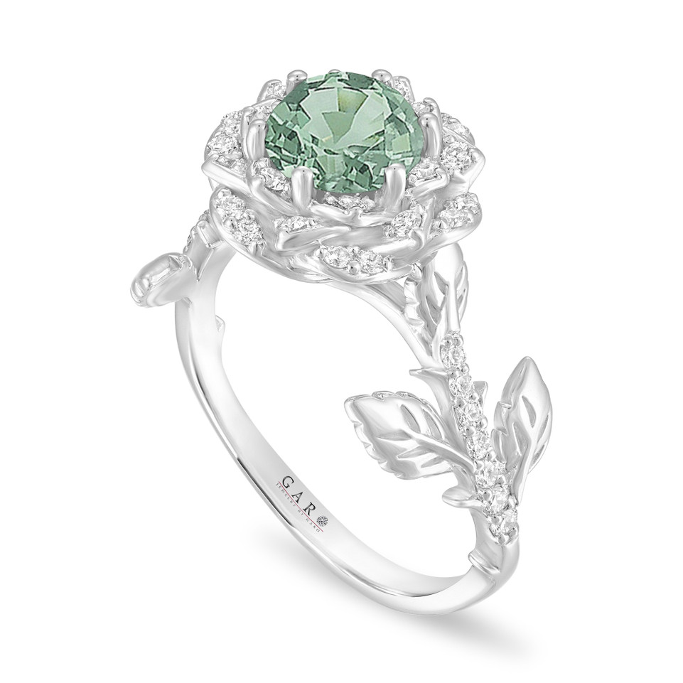 Green Sapphire Halo Engagement Ring, Unique Rose Flower 1.36 Carat 14K White Gold Or Yellow Gold Handmade Certified