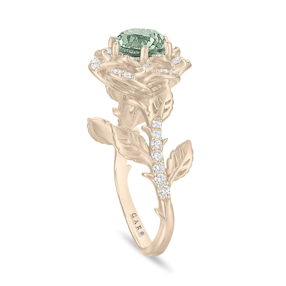 Green Sapphire Halo Engagement Ring, Unique Rose Flower 1.36 Carat 14K White Gold Or Yellow Gold Handmade Certified