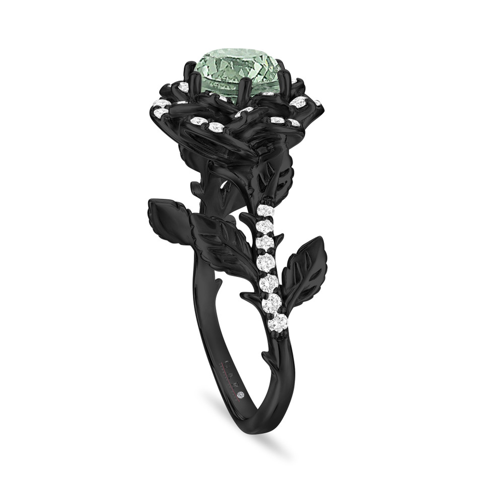 Green Sapphire Rose Flower Halo Engagement Ring, Unique Floral 1.36 Carat 14K Black Gold Vintage Style Handmade Certified