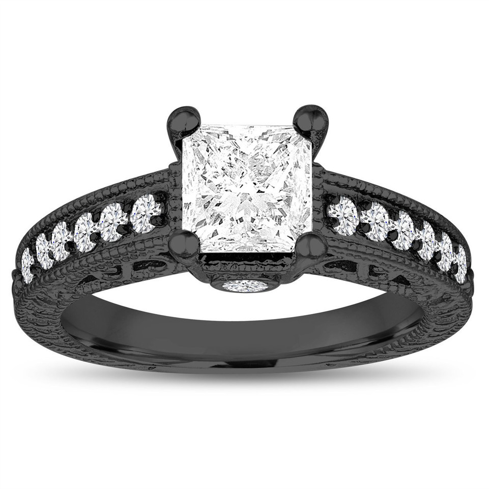 Princess Cut Lab Grown Diamond Filigree Engagement Ring IGI Certified 1.36 Carat 14K Black Gold Vintage Style Unique Handmade
