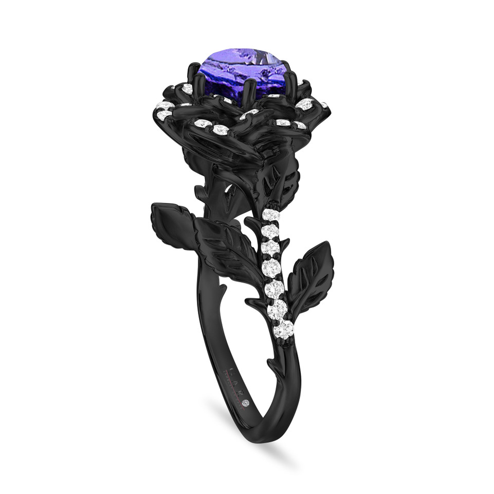 Tanzanite Floral Halo Engagement Ring, Unique Rose Flower 1.36 Carat 14K Black Gold Handmade Certified