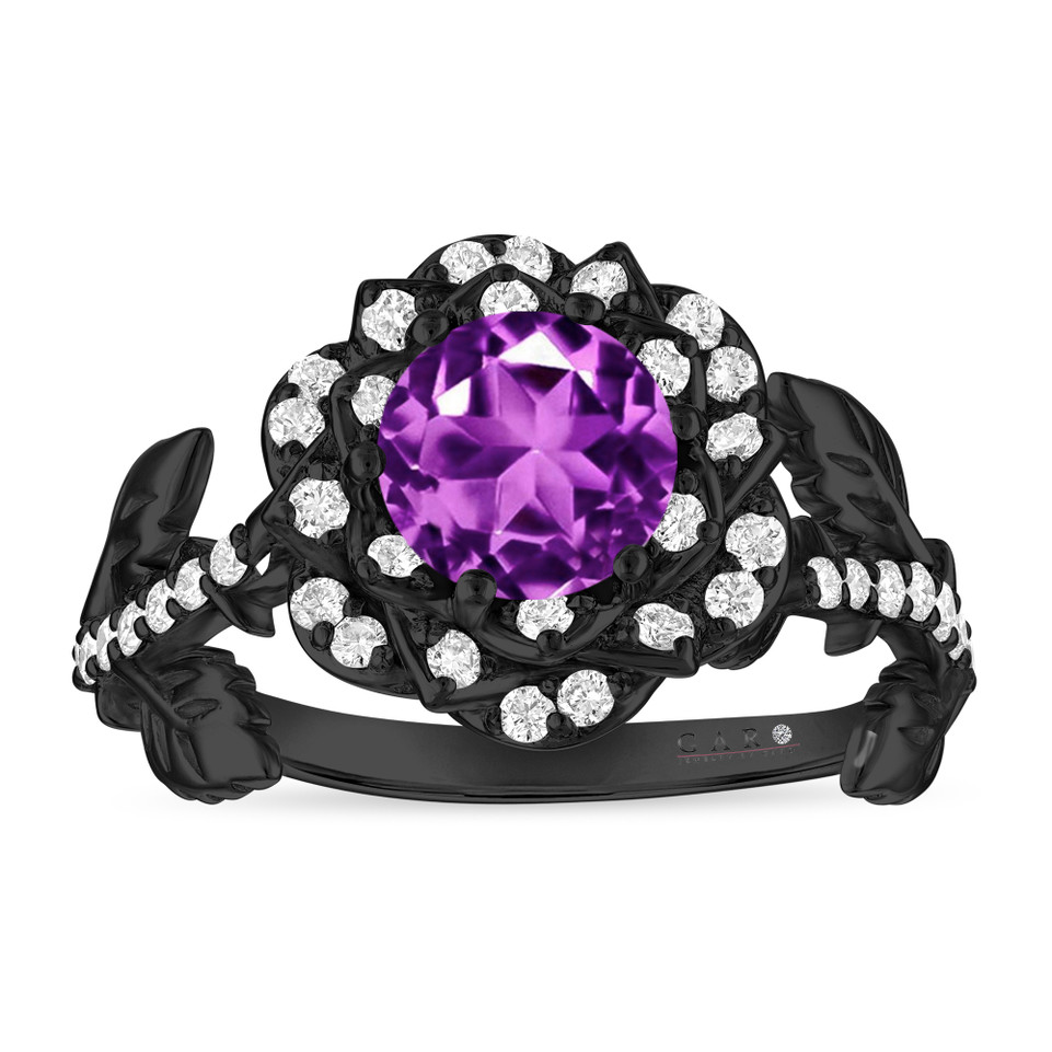 1.35 Carat Amethyst Floral Halo Engagement Ring, Unique Rose Flower 14K Black Gold Vintage Style Handmade Certified