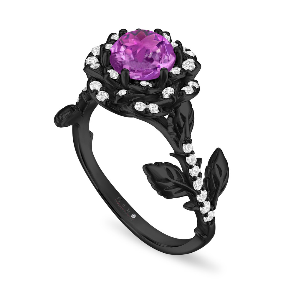 1.35 Carat Amethyst Floral Halo Engagement Ring, Unique Rose Flower 14K Black Gold Vintage Style Handmade Certified
