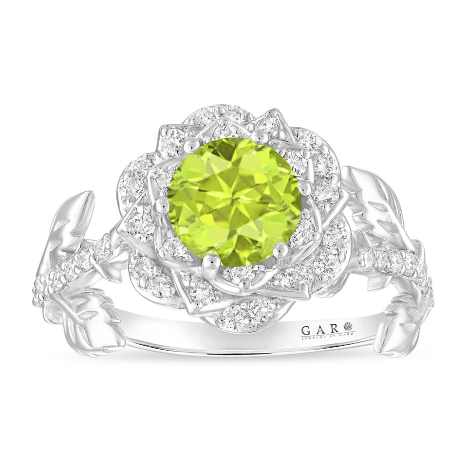 1.35 Carat Peridot Rose Flower Halo Engagement Ring, Unique Floral 14K White Gold Or Yellow Gold Handmade Certified