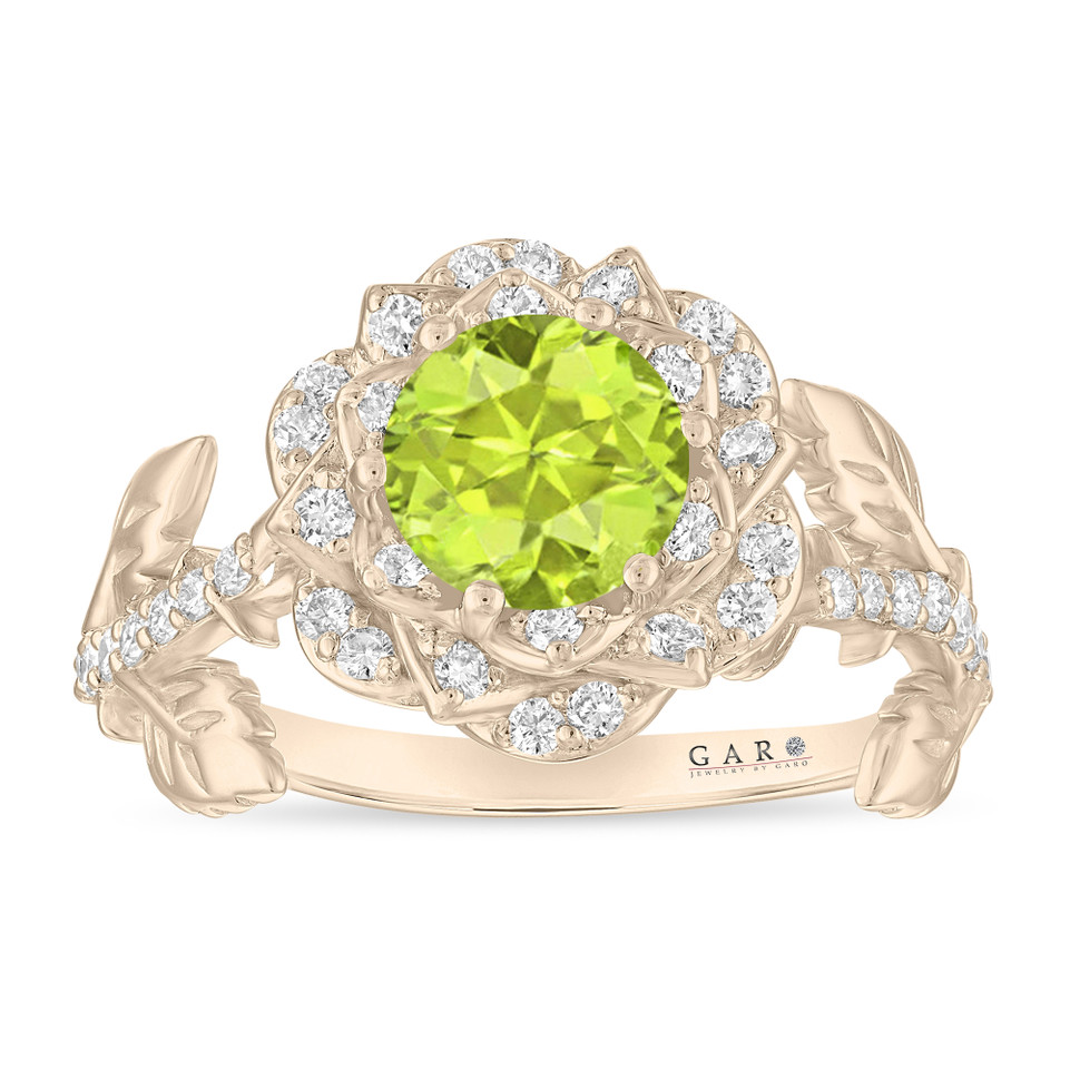 1.35 Carat Peridot Rose Flower Halo Engagement Ring, Unique Floral 14K White Gold Or Yellow Gold Handmade Certified