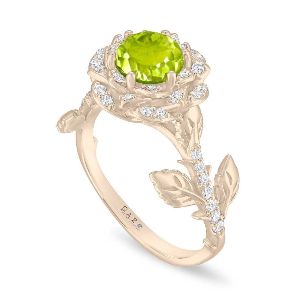 1.35 Carat Peridot Rose Flower Halo Engagement Ring, Unique Floral 14K White Gold Or Yellow Gold Handmade Certified