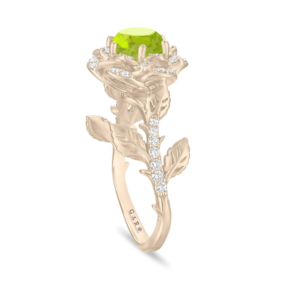 1.35 Carat Peridot Rose Flower Halo Engagement Ring, Unique Floral 14K White Gold Or Yellow Gold Handmade Certified