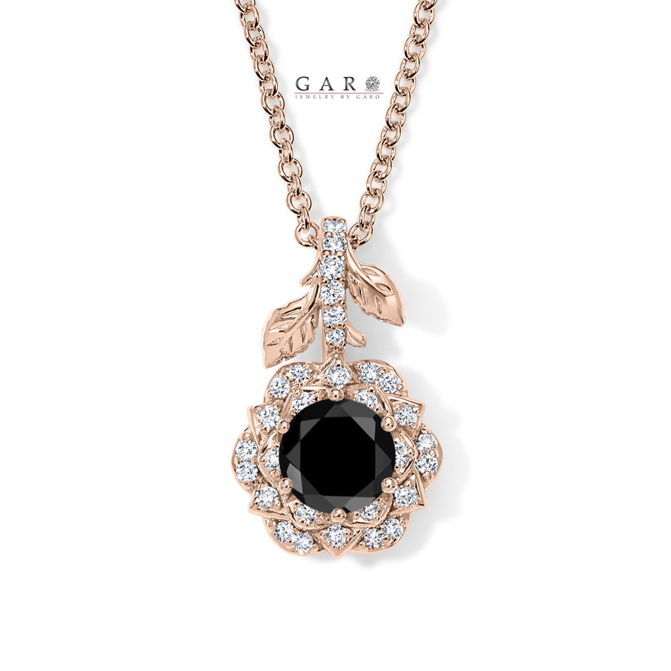 1.36 Carat Black Diamond Rose Flower Halo Pendant Necklace 14K White Gold, Rose Gold Or Yellow Gold Unique Floral Certified Handmade