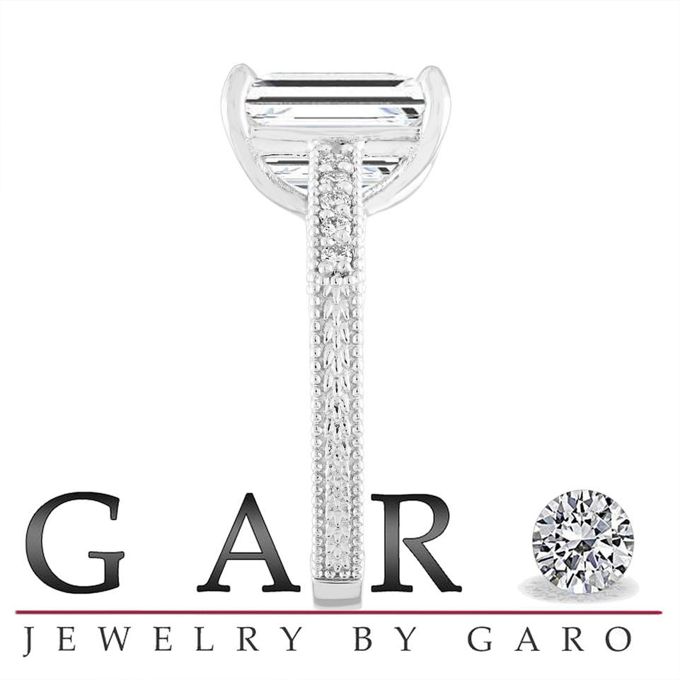 Platinum Emerald Cut Lab Grown Diamond Engagement Ring 4.17 Carat IGI Certified Unique Filigree Vintage Style Handmade