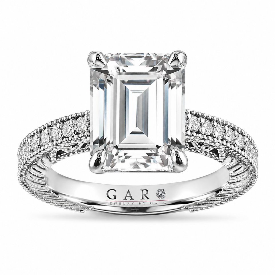 Platinum Emerald Cut Lab Grown Diamond Engagement Ring 4.15 Carat IGI Certified Unique Filigree Vintage Style Handmade