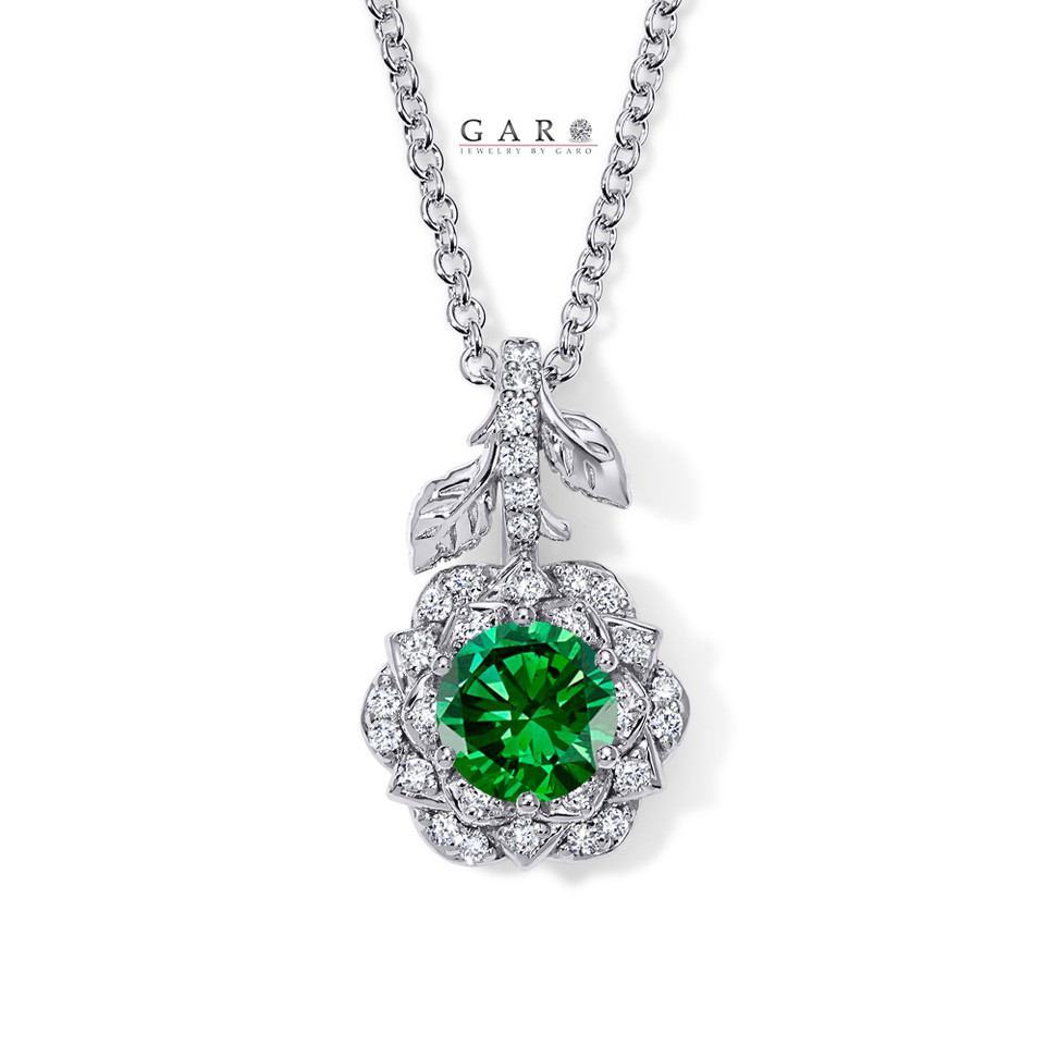 Platinum 1.27 Carat Green Diamond Rose Flower Halo Pendant Necklace Unique Floral Certified Handmade