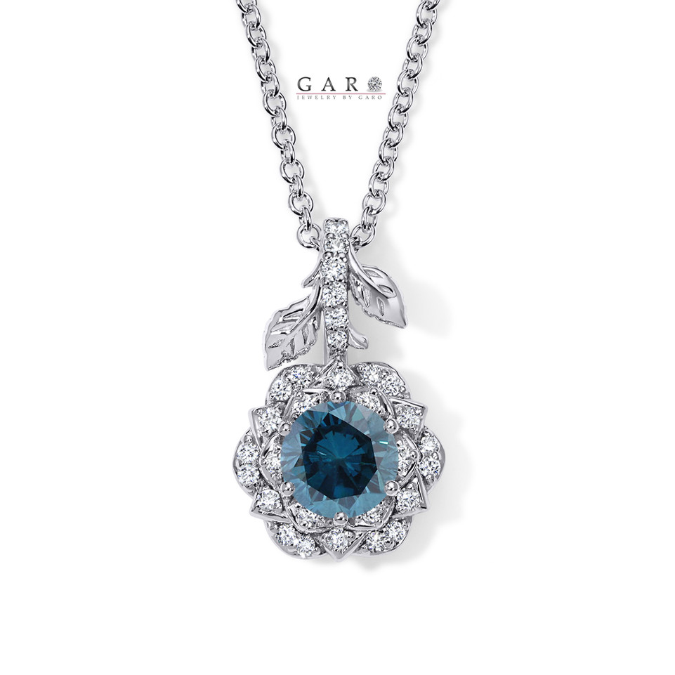 Platinum 1.27 Carat Blue Diamond Rose Flower Halo Pendant Necklace Unique Floral Certified Handmade