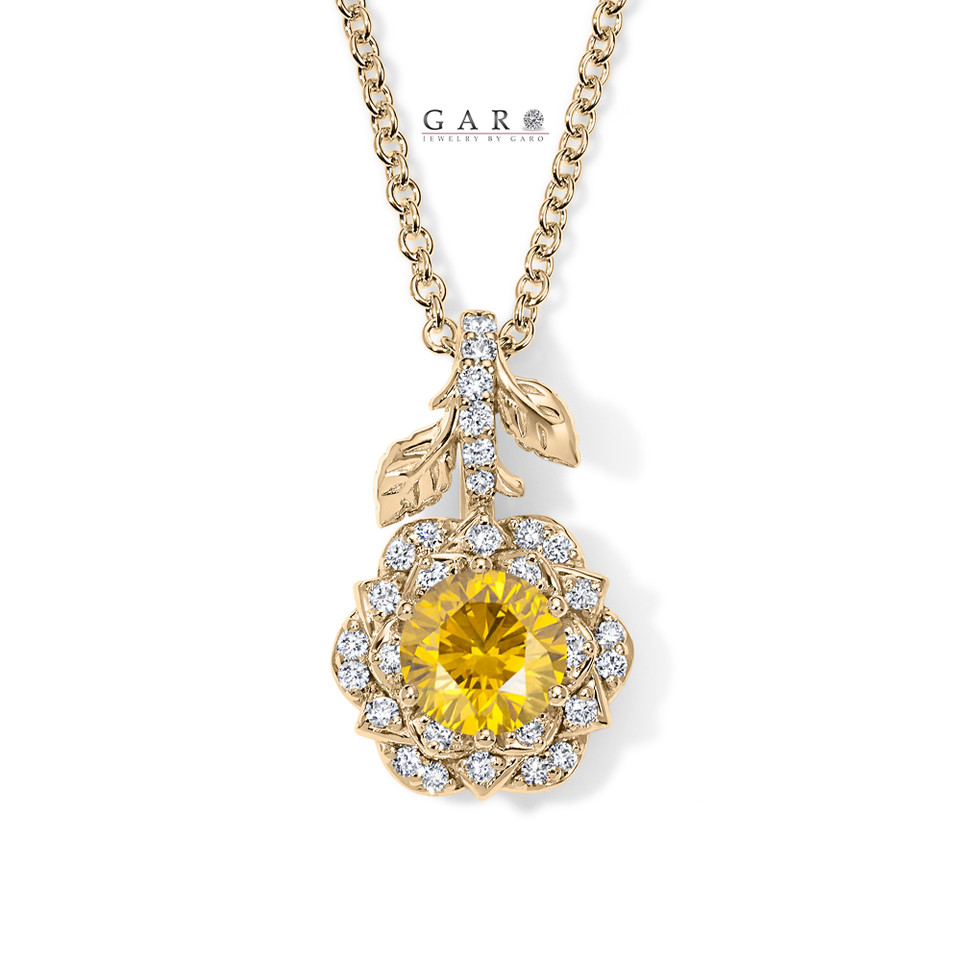 Yellow Diamond Rose Flower Halo Pendant Necklace 1.27 Carat 14K White Gold, Rose Gold Or Yellow Gold Unique Floral Certified Handmade